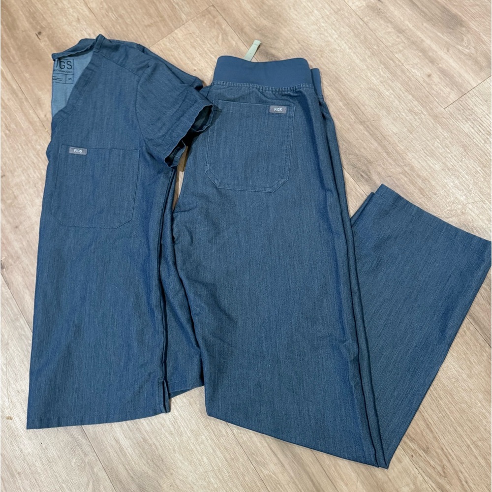 FIGS Heather Denim - One pocket top and Livingston wide leg pant